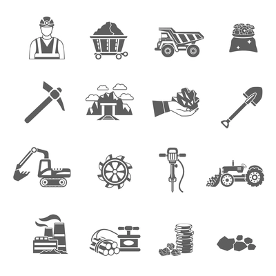 Mining icons black set with worker minerals truck isolated vector illustration