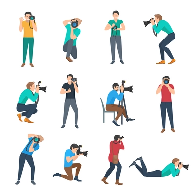 Male photographer full lenght avatars set flat isolated vector illustration