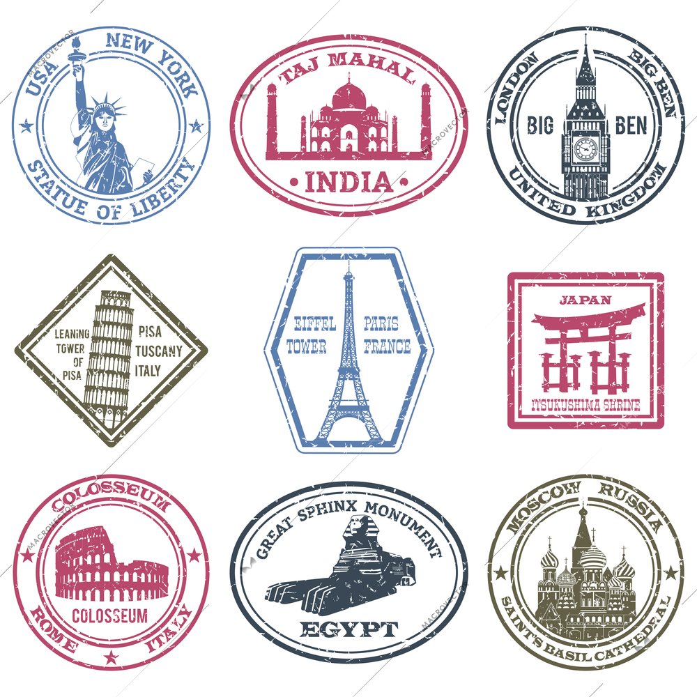 Monuments and world landmarks postal stamps set isolated vector illustration