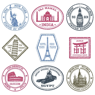Monuments and world landmarks postal stamps set isolated vector illustration