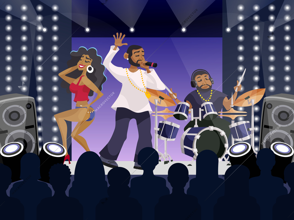 Rap concert concept with hip-hop musicians and dancers on stage cartoon vector illustration