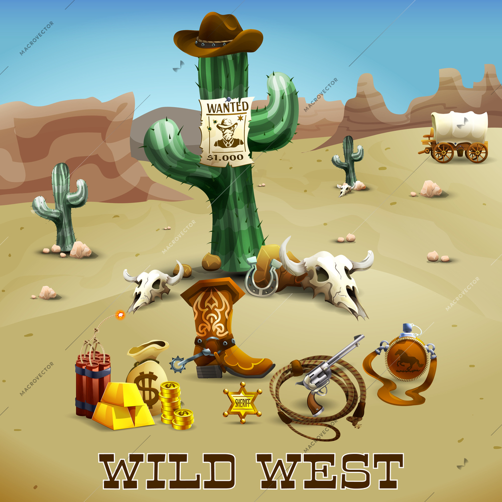 Wild west realistic background with cactus gold lasso and desert vector illustration