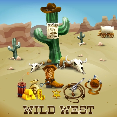 Wild west realistic background with cactus gold lasso and desert vector illustration