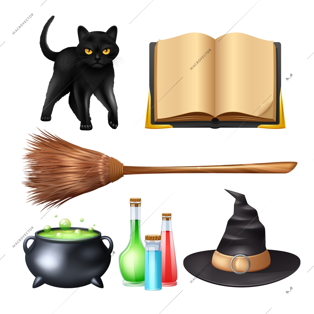 Halloween magic symbols set with black cat broom poison pot isolated vector illustration