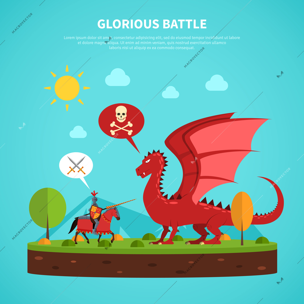 Legendary medieval knight in suit of armor battle with dragon flat abstract pictogram poster print vector illustration