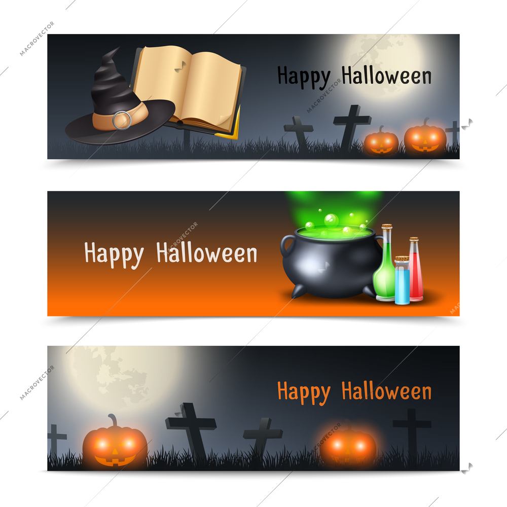 Halloween horizontal banner set with holiday elements isolated vector illustration