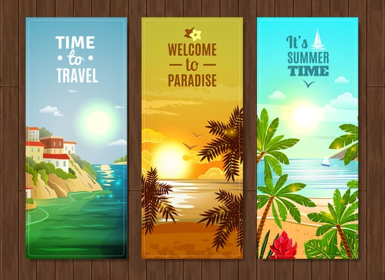 Travel agency paradise vacation vertical banners set with tropical island coastal village cottages flat abstract vector illustration