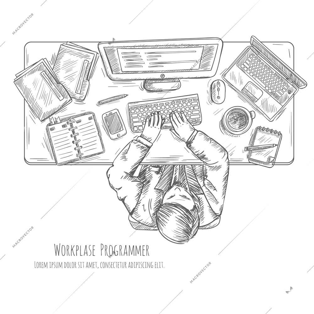 Programmer work place with man at the table top view sketch vector illustration