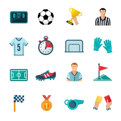 Soccer flat icons set with stopwatch football trophy and whistle isolated vector illustration