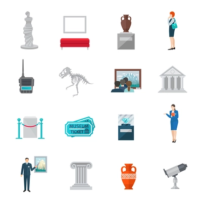 Museum icon flat set with ticket statue visitors and guides isolated vector illustration