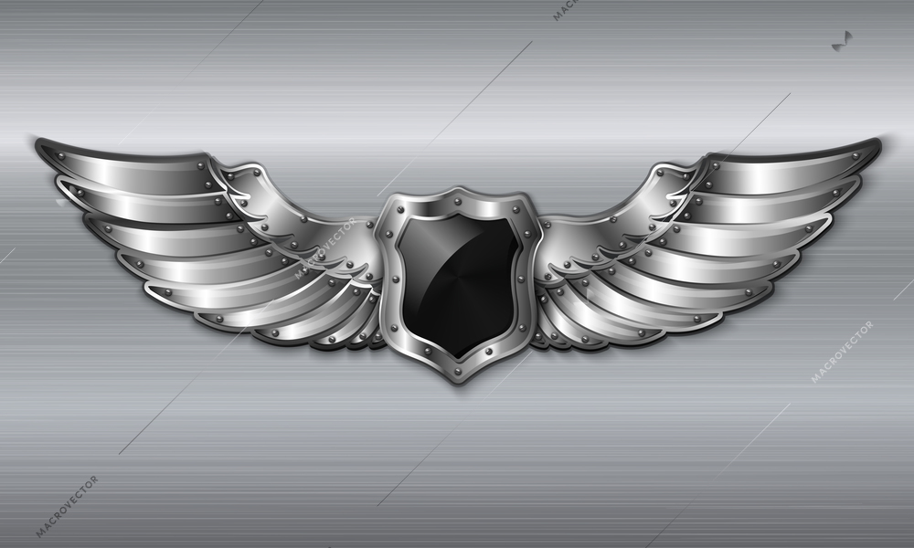 Black metal winged 3d shield emblem vector illustration