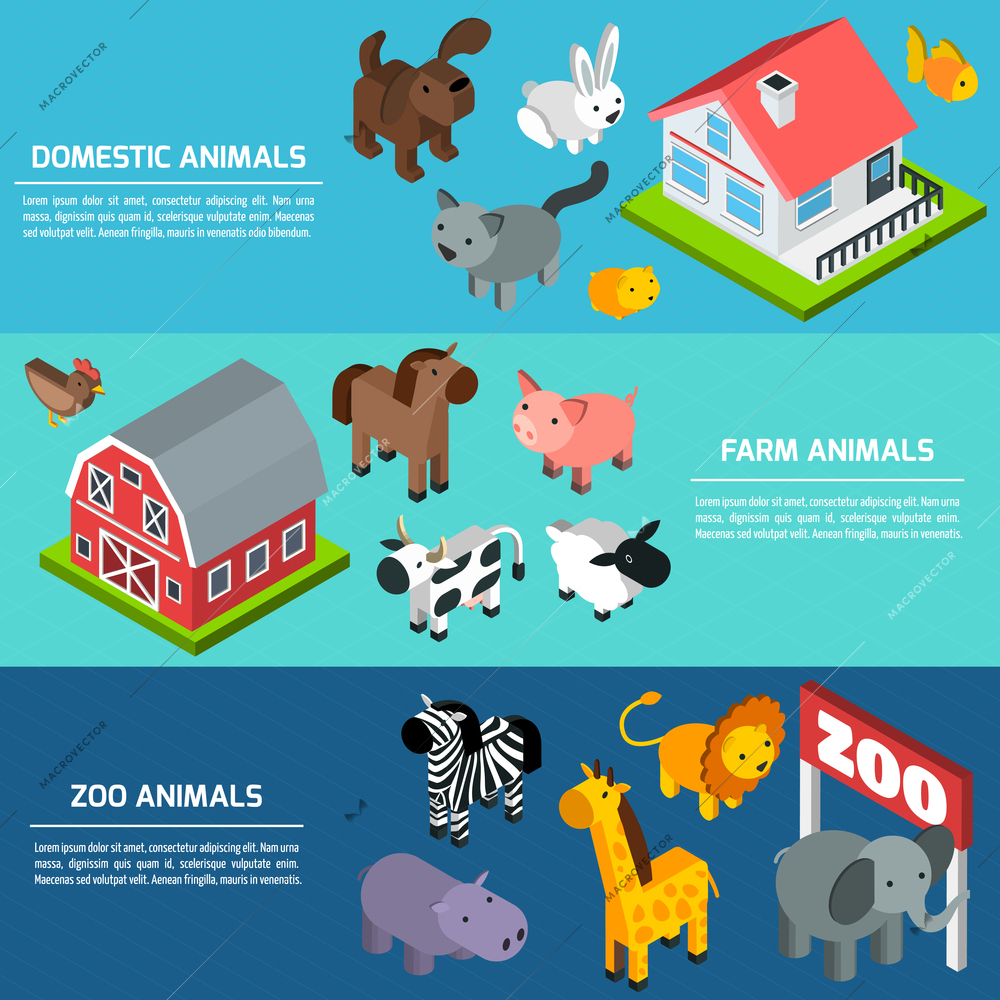 Horizontal banner set with domestic farm and zoo animals isometric elements isolated vector illustration