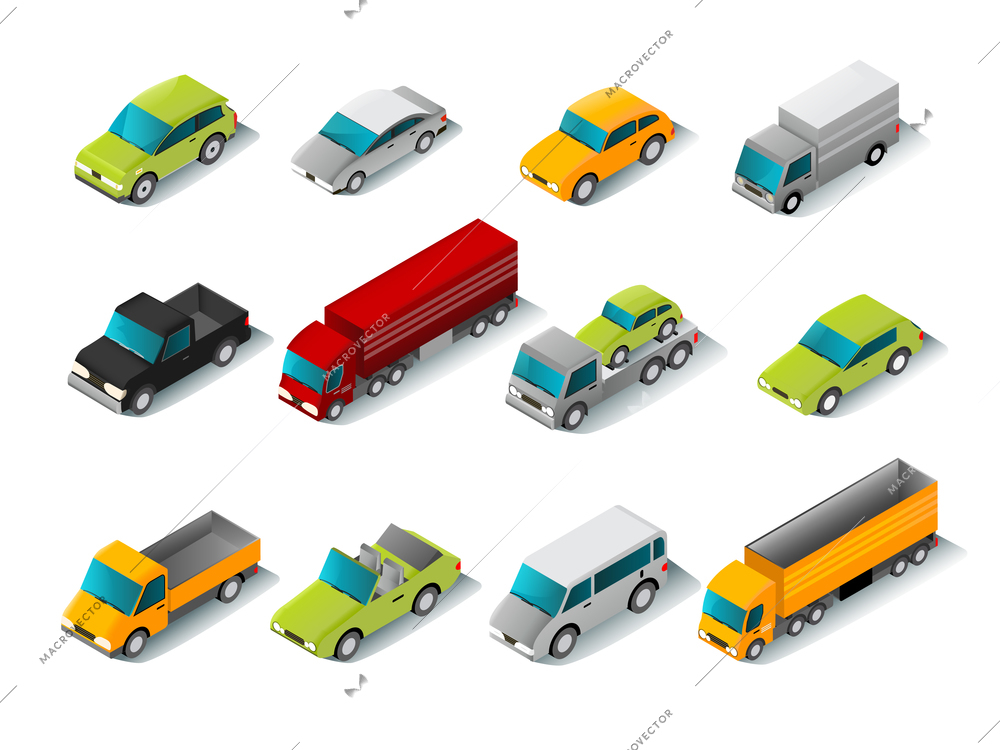 Isometric car icons set with 3d vans and trucks isolated vector illustration