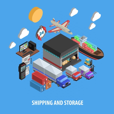 Shipping and storage isometric concept with sea air and land delivery warehouse and equipment vector illustration