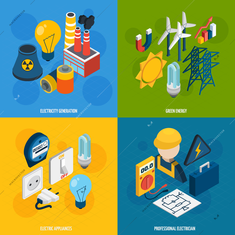 Electricity design concept set with electric appliances isometric icons isolated vector illustration
