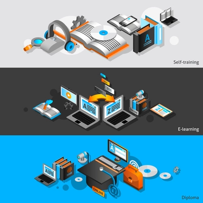 E-learning horizontal banners set with self training and diploma isometric elements isolated vector illustration