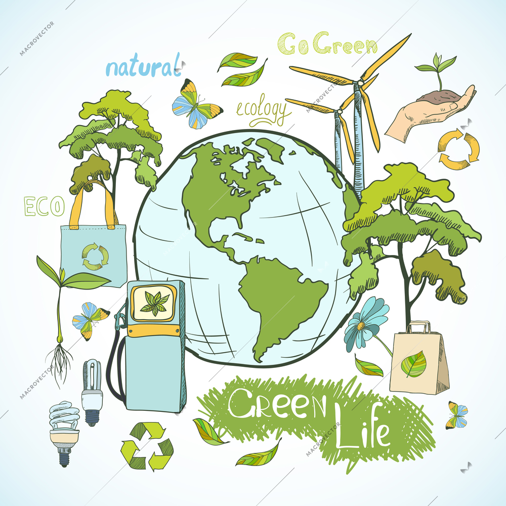 Doodle ecology and environment green life concept with decorative elements vector illustration