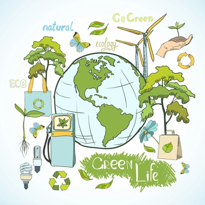 Doodle ecology and environment green life concept with decorative elements vector illustration