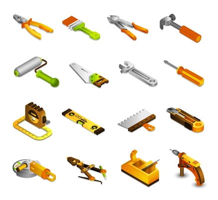 Tools isometric icons set with 3d saw paint roller pliers isolated vector illustration