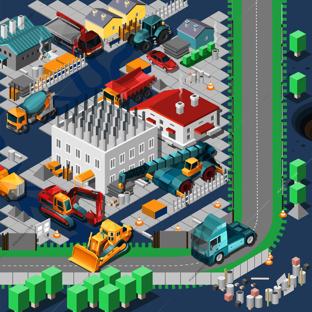 Isometric construction machines concept with low poly tracktors and bulldozers on the road vector illustration