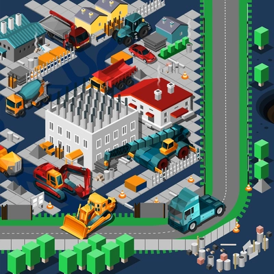 Isometric construction machines concept with low poly tracktors and bulldozers on the road vector illustration