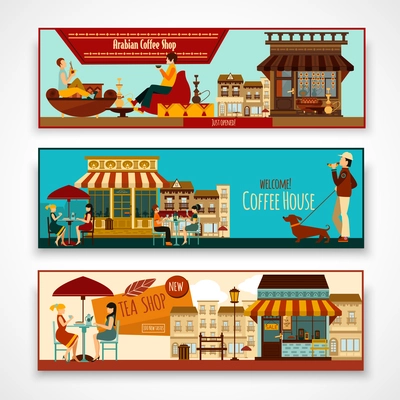 Shops and cafe facades horizontal banner set isolated vector illustration