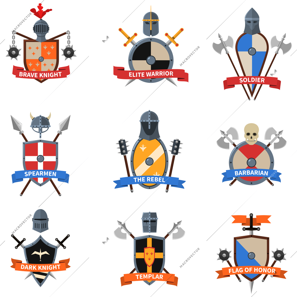 Legendary knights warriors coats of arms emblems flat labels collection with heraldic shields abstract isolated vector illustration