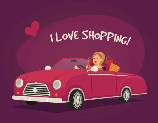 Woman driving shopping in a cabriolet on purple background cartoon vector illustration