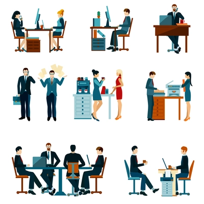 Office worker icons set with business people workflow elements isolated vector illustration