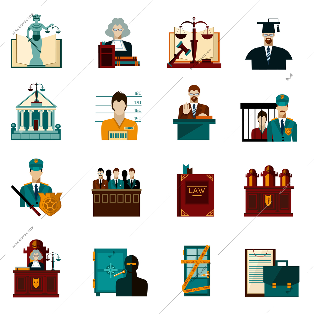 Law crime and punishment flat icons set isolated vector illustration