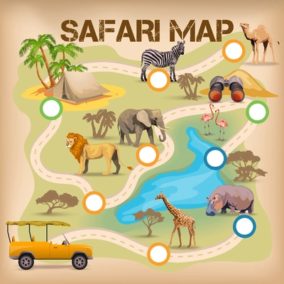 Poster for game with safari map and africa animal icons  isolated vector illustration