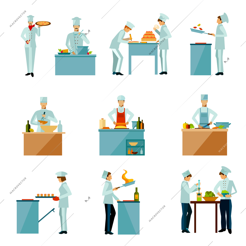 Resataurant chef and people cooking food flat icons set isolated vector illustration