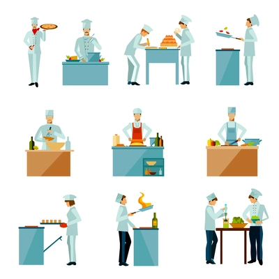 Resataurant chef and people cooking food flat icons set isolated vector illustration