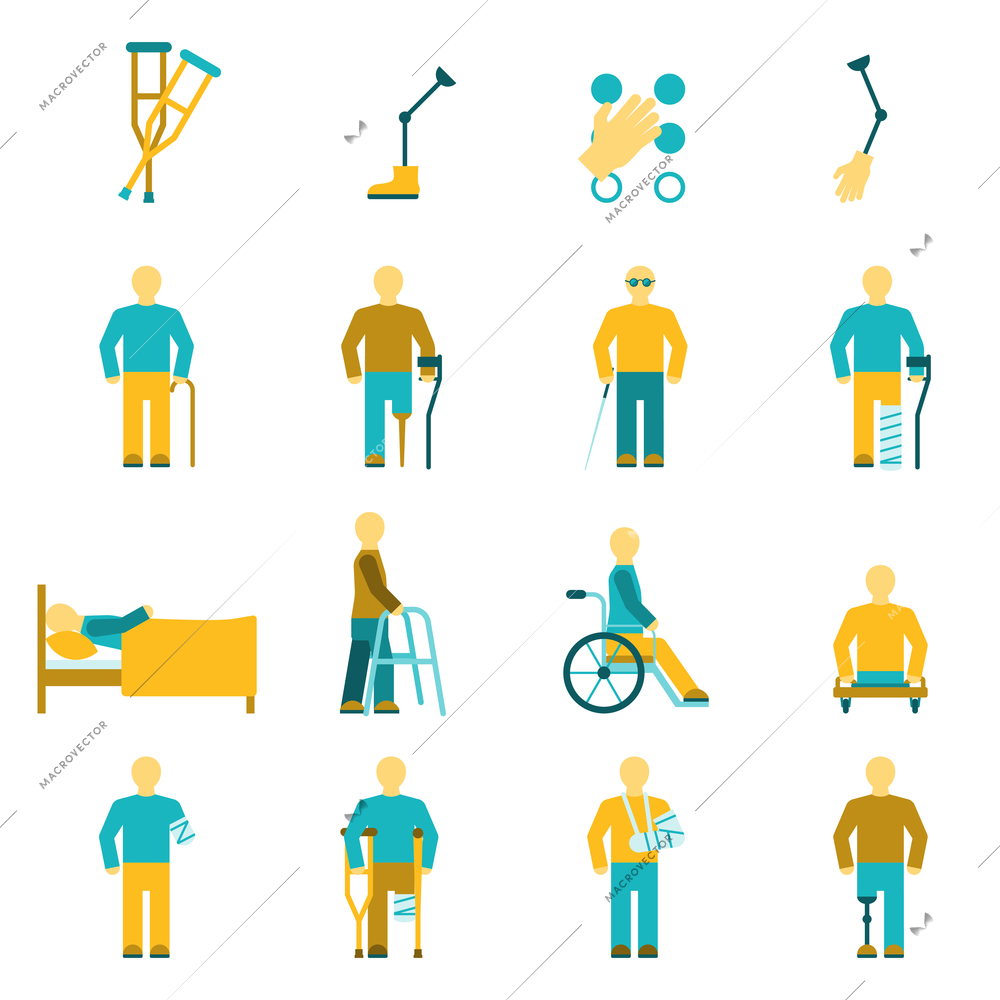 People with disabilities icons set including amputation wheelchair and eyesight problems symbols flat isolated vector illustration