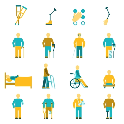 People with disabilities icons set including amputation wheelchair and eyesight problems symbols flat isolated vector illustration