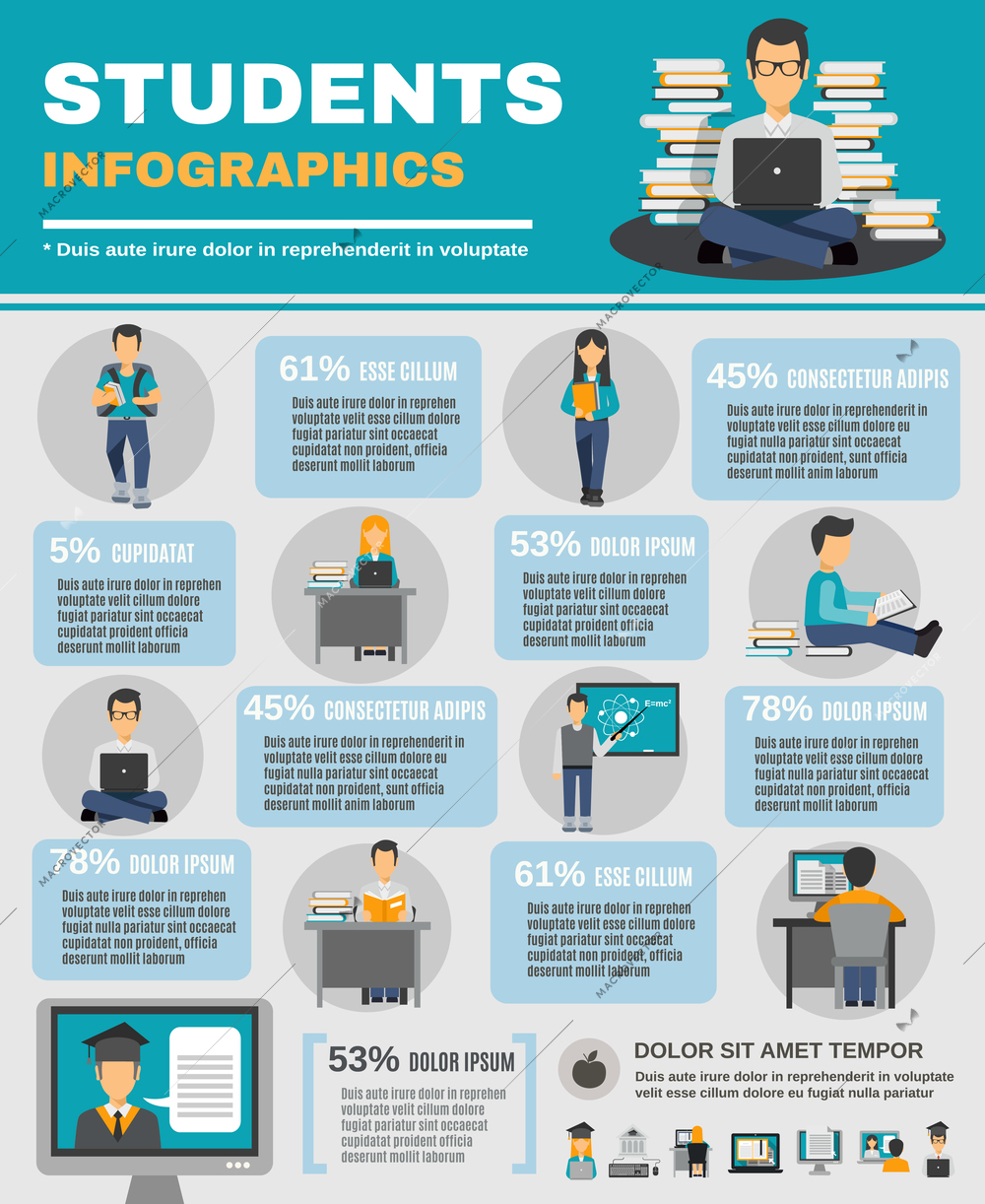 Student infographic set with young people with books and notebooks vector illustration