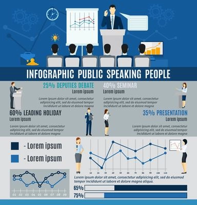 Infographic public people speaking to audience from  podium   statistics  and graphs flat  vector illustration.