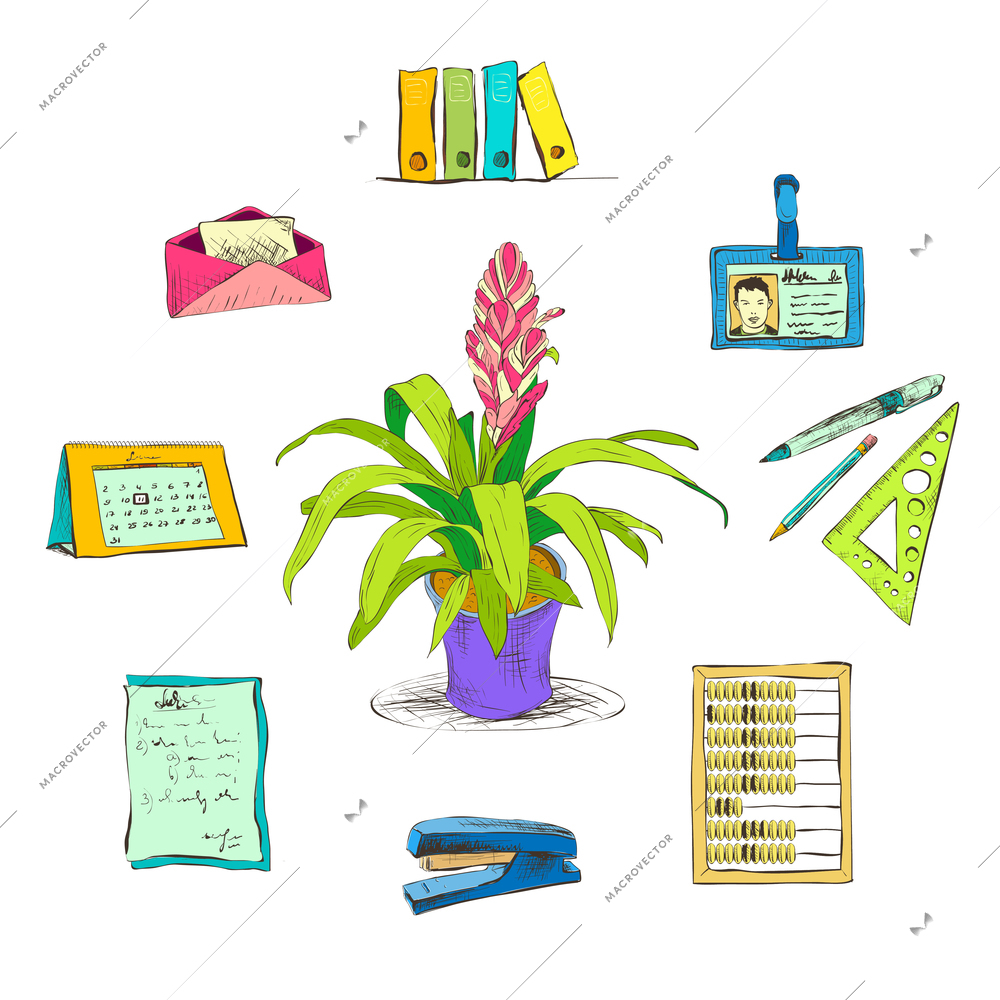 Business office stationery supplies icons set with decorative desktop flower plant isolated sketch vector illustration