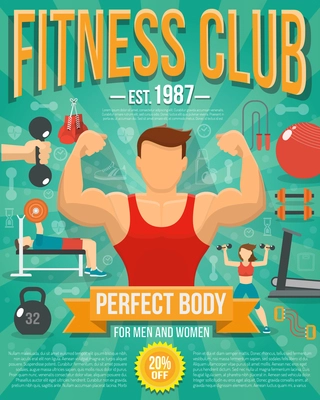 Fitness club poster with sport equipment and people doing workouts vector illustration