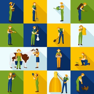 Working farmers and gardeners flat agriculture color  icons set  isolated vector illustration.