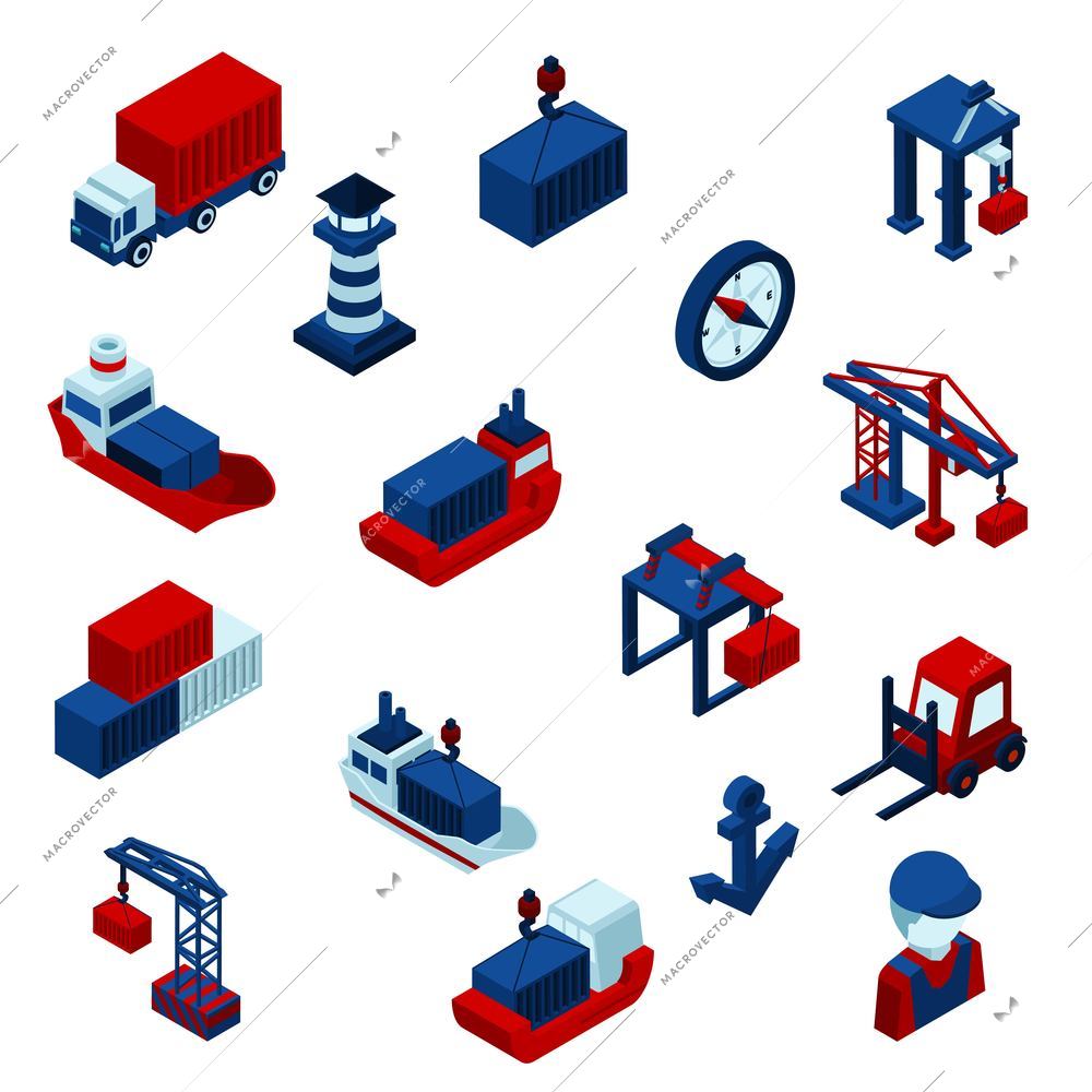 Isometric  Color seaport  icons set with barge containers and port facilities isolated vector illustration