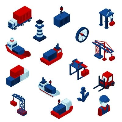 Isometric  Color seaport  icons set with barge containers and port facilities isolated vector illustration