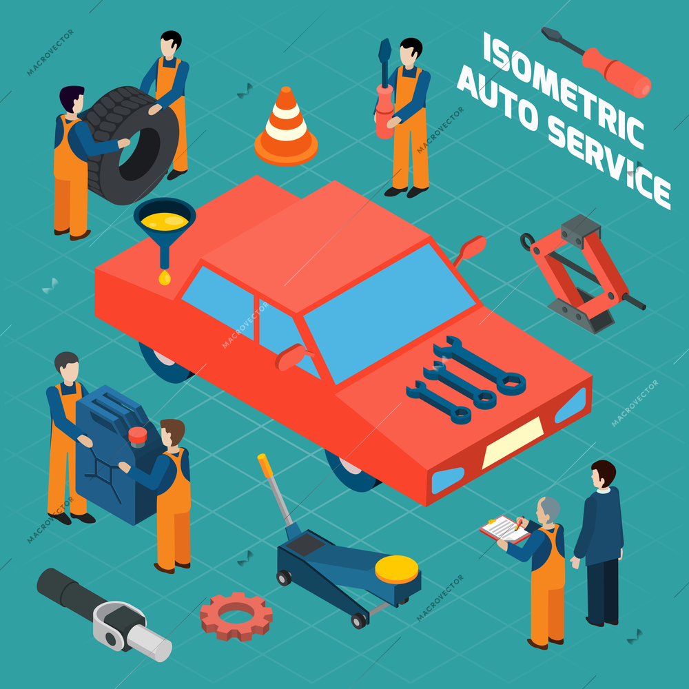 Auto service  isometric icons set with red car people in workwear spare parts and tools  isolated vector illustration