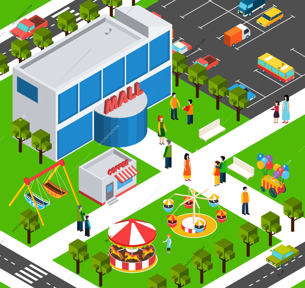 City shopping mall building area  with parking lot and playground street view isometric banner abstract vector illustration