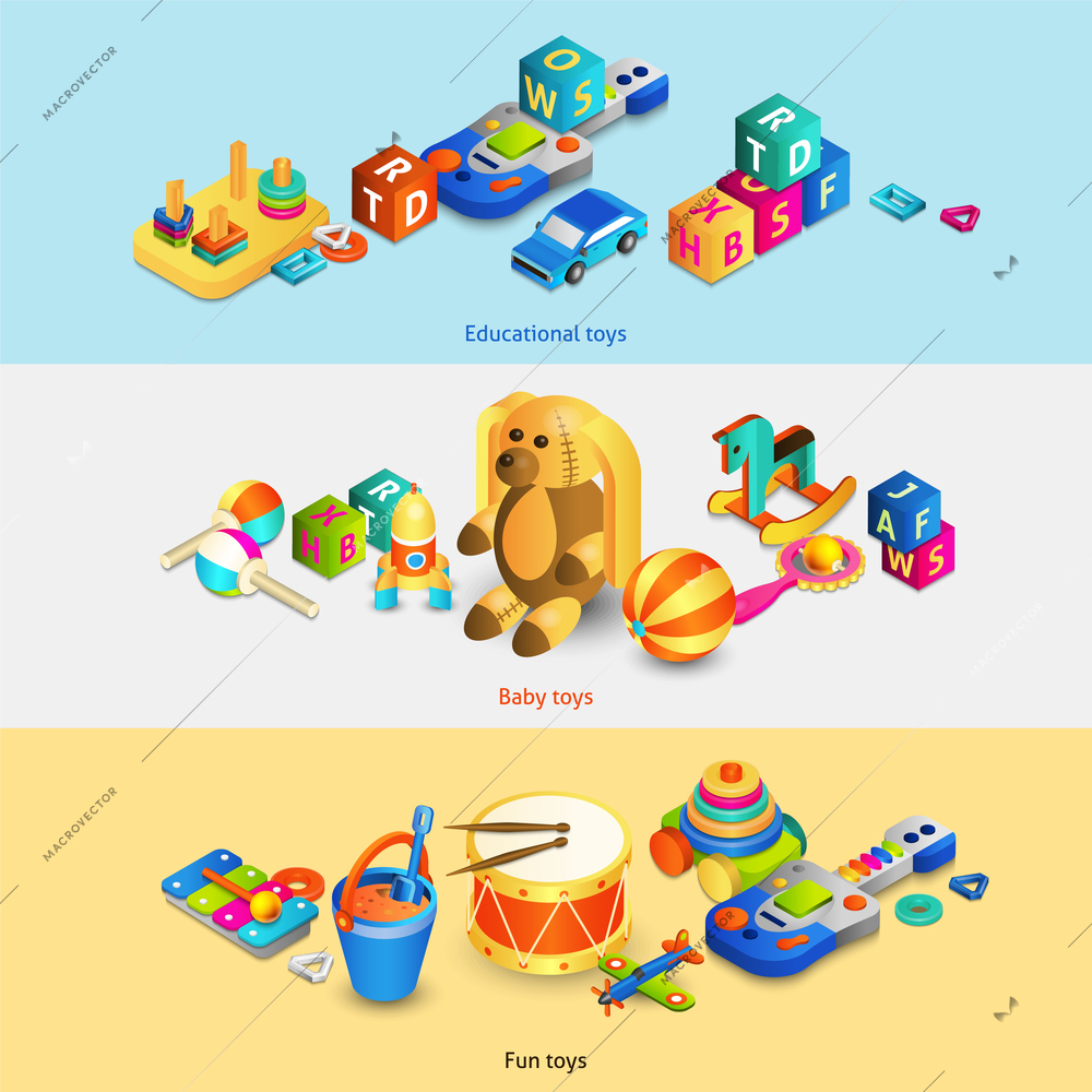 Toys horizontal banners set with isometric fun baby educational toys isolated vector illustration