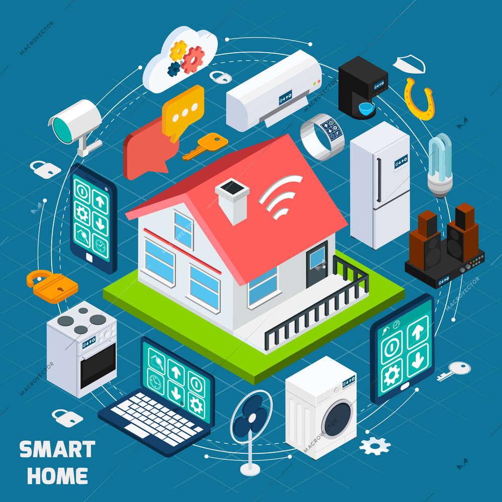 Smart home iot internet of things comfort and security innovative technology concept  isometric banner abstract vector illustration
