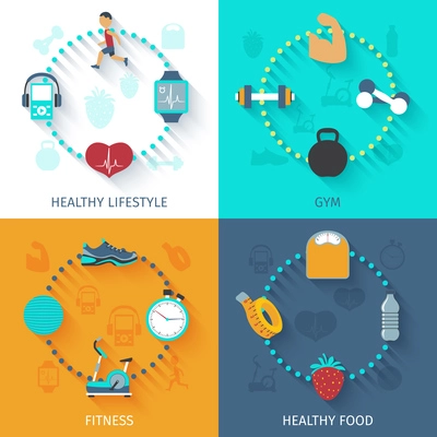 Healthy lifestyle fitness gym and food habits 4 flat icons composition square banner abstract isolated vector illustration
