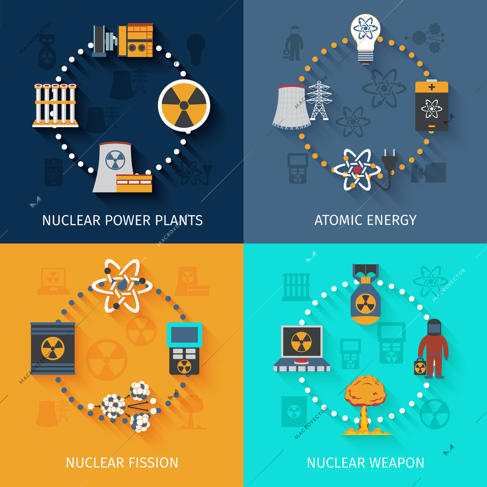 Nuclear fission in atomic energy power production 4 flat icons square composition banner abstract isolated vector illustration