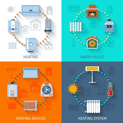 Heating device system and warm house electric and fire flat color icon set isolated vector illustration