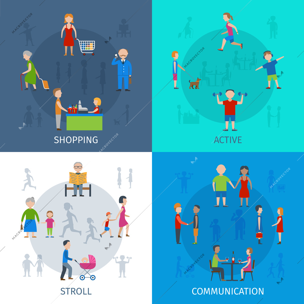 People daily situation shopping active stroll and communication flat color icon set isolated vector illustration